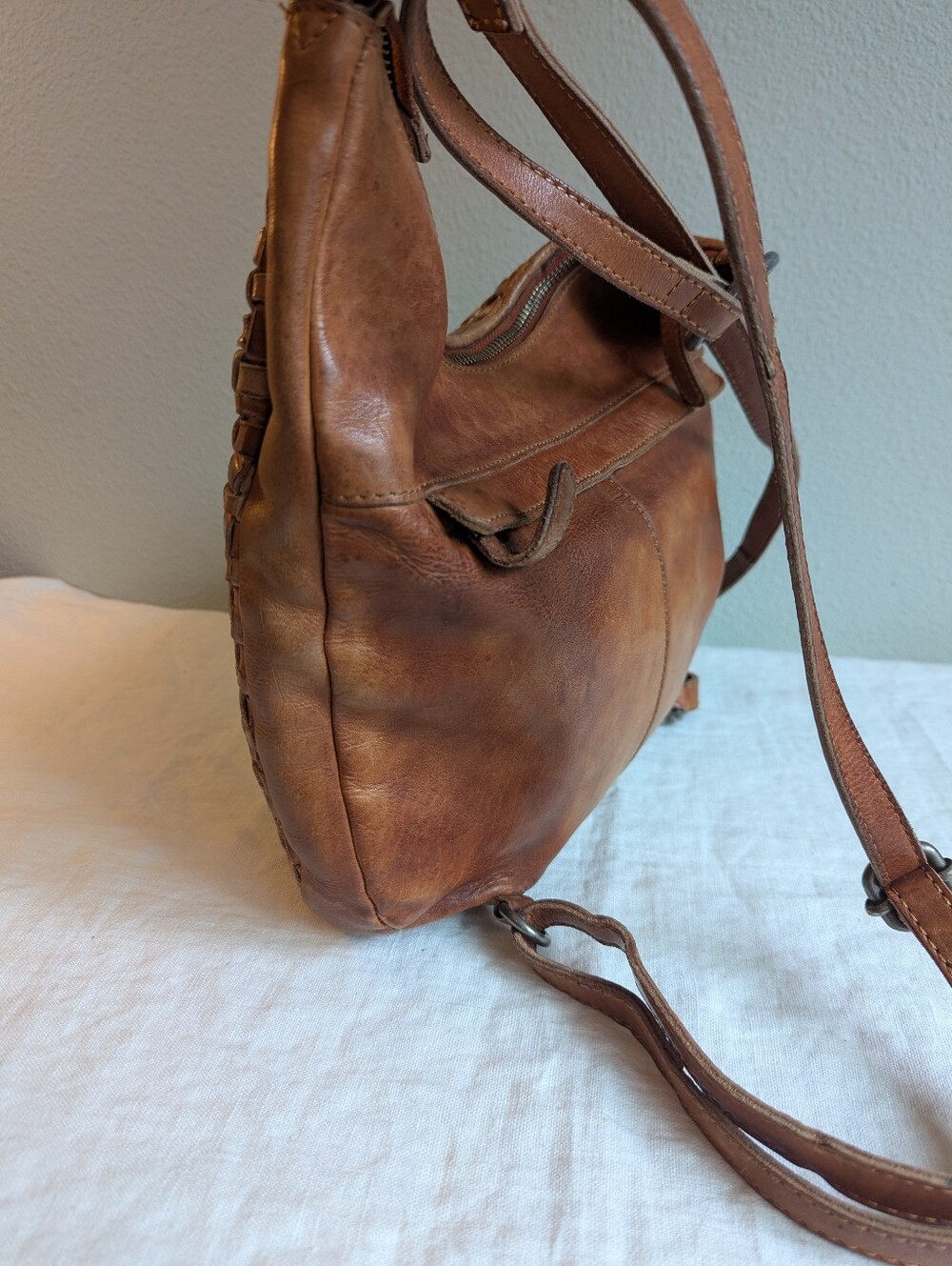 Vilenca Holland Anthropologie Woven Leather Backpack Bag Purse Patina Travel - Picture 3 of 14